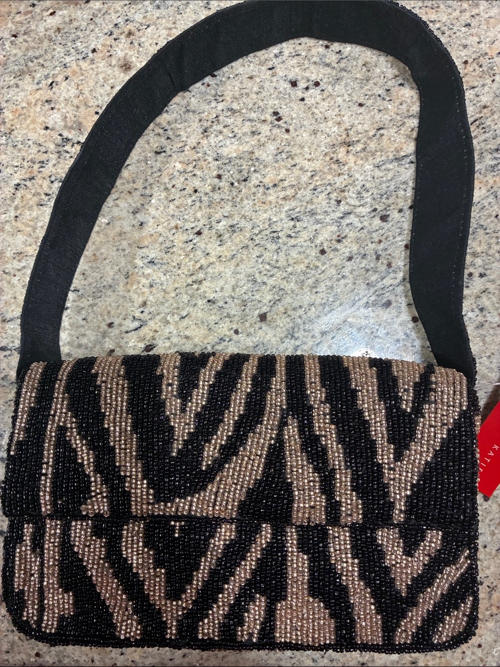 Beaded Zebra-Pattern Shoulder Bag in Black and Brown